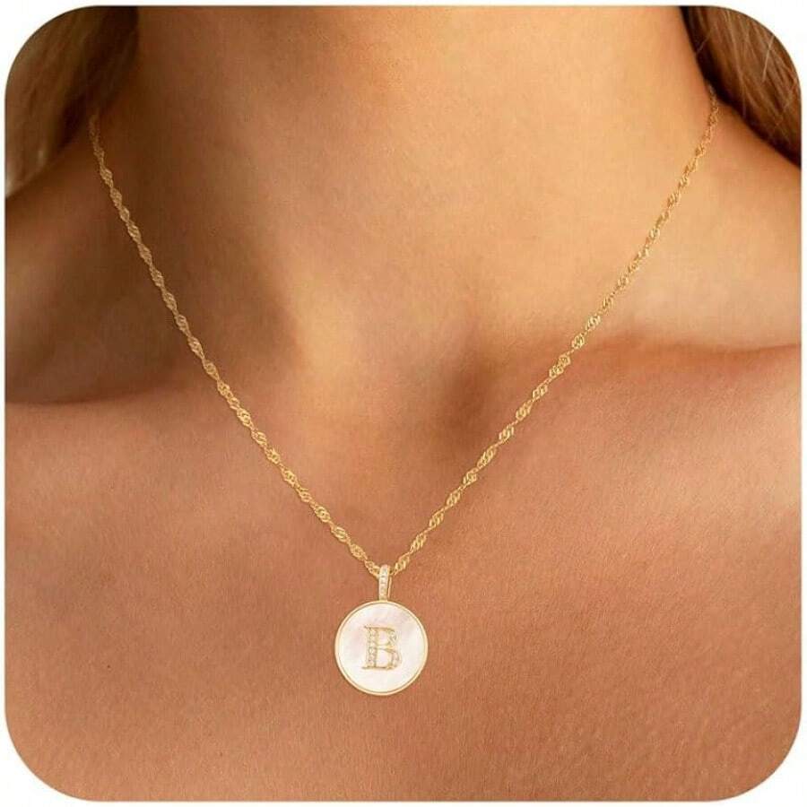Gold Mother Of Pearl Initial Necklace Women 14K Gold Plated Cubic Zirconia Initial Letter A-Z Pendant Women Jewelry Gifts - 黃金B - 查看 1