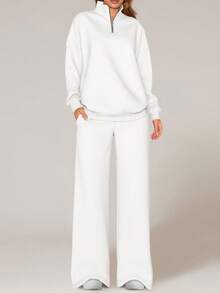 Womens Casual 2 Piece Sets Fall Outfits Quarter Zip Sweatshirts Straight Leg Pants Sweatsuits Tracksuit Valentine Vacation Spring Clothes For Women - 白色 - 查看 4
