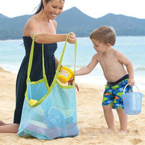cosweda 1 pieza Bolsa de playa plegable, Bolsa de gran capacidad, Bolsa de almacenamiento de juguetes de malla, Bolsa de almacenamiento plegable para viajes al aire libre, Bolsa de malla para el hombro