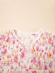 Acelitt Autumn Pink Printed Tassel Tie V-Neck Bubble Sleeve Waist Top - Pink - View 4