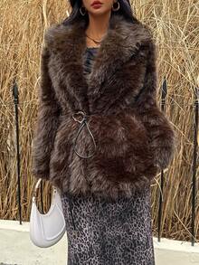 DEEKA Autumn/Winter New Faux Fur Thick Warm Mid-Length Coat With Belt - Chocolate Brown - View 2