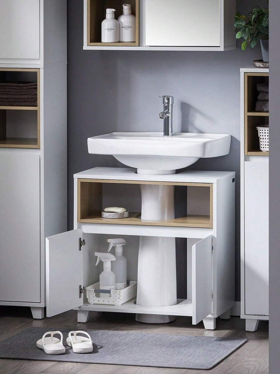 SoBuy Under Sink Cabinet Bathroom Vanity Unit Bathroom Cabinet Suitable For Pedestal Sinks Grey W60 X D30 X H61cm BZR148- Home Bathroom Decor Bathroom Organizer Summer Bathroom Accessories - White - View 1