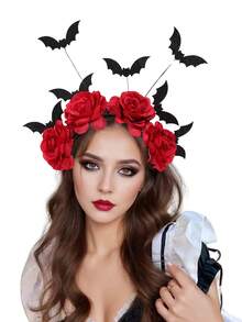 1件万圣节趣味氛围3D头箍，玫瑰花3D蝙蝠造型派对头箍，发饰，节日配饰，发带，发箍，女士发箍，秋季服装，万圣节服装，节日必备美妆家居卧室装饰 - 彩色 - 查看 1