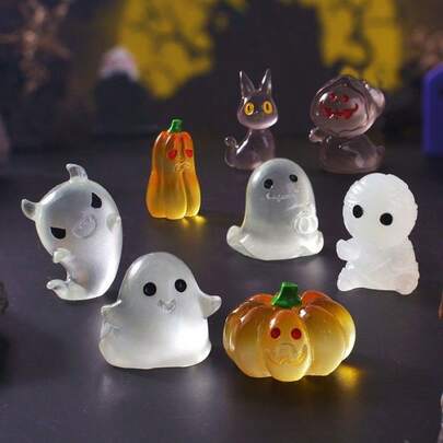 1 Set de 9 piezas, Nuevos adornos de paisaje micro de fantasmas y calabazas que brillan en la oscuridad para decoración de Halloween, decoración interior de automóviles, artesanías de resina, ornamentos para paisaje de acuario