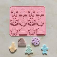 1 pieza Molde de silicona de 12 cavidades con temas navideños, incluye formas de sombrero, muñeco de nieve y hombre de jengibre, para chocolate, postres, galletas, molde de hornear antiadherente Decoraciones navideñas Pijamas navideños Regalos navideños Decoración navideña