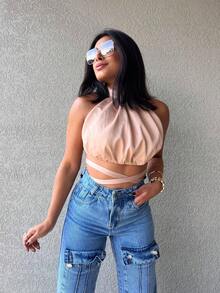 The Lemon 3022 Calça jeans feminina  cargo pantalona wide leg calca Calça jeans lisa cintura alta elegantes - Lavagem Média - Visão 2