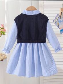 女童校服蝴蝶结刺绣针织背心+条纹长袖翻领衬衫裙两件套 - 藍色 - 查看 2