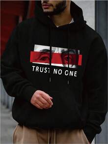 男士大尺碼新款連帽衛衣街頭風高品質趣味Emo圖案YoungBoy Never Broke Again Friends 動漫萬聖節黑色連帽衛衣 TRUST NO ONE 紅眼白色英文印花圖案酷感百搭黑色抽繩連帽衫男士運動衛衣Y2K風格適合日常穿著 - 黑色 - 查看 2
