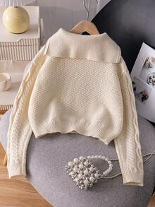 Áo len ngắn tay dài kiểu châu Âu màu trơn, cổ kéo khóa nửa thân, thích hợp mặc thường ngày cho bé gái tuổi teen, mùa xuân, thu và đông. - Màu be - Xem 2