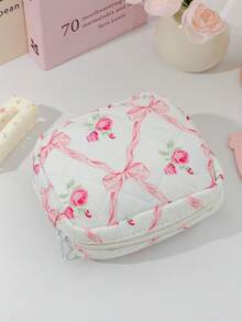 1 Pc Mini Floral Print Coin Purse Cute Cherry Pattern Makeup Pouch Portable Lipstick Storage Bag Soft Fabric Sanitary Pad Storage Bag Girly Wallet Purse Foam Quilted Make Up Bag Small Items Organizer Bag Charger Organizer Bag Headphone Organizer Bag Pink Bow Knot Travel Cosmetics Bag Mini Bag Coin Purse Napkin Pouch For Girl Purse Essentials Perfect Gift For Back To School Birthday Gifts Gifts Dorm Supplies School Supplies