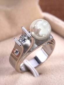 1 件优雅方晶锆石和人造珍珠戒指，适合女士结婚珠宝情人节礼物 - 銀色 - 查看 2