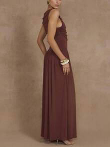 conciso Vestidos de fiesta elegantes de cuello de barco plisados y ajustados sin mangas de color caqui para mujer en verano - Café - Ver 3