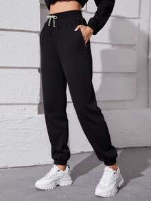 Women's Solid Color Fitness Running Workout Fashionable Outdoor Exercise Sheer Drawstring Elastic Waist With Cuffed Leg Pants, Girlfriend Style Gym Fitted Yoga Outdoor Workout Running Cycling Cropped Sport Trousers, Great Gift For Girlfriend