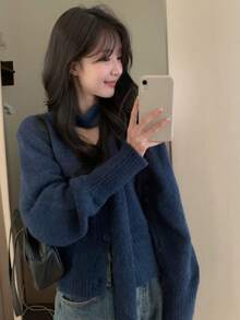 韩国时尚新款小众复古法式V领长袖毛衣开衫配围巾 - 藏蓝色 - 查看 3