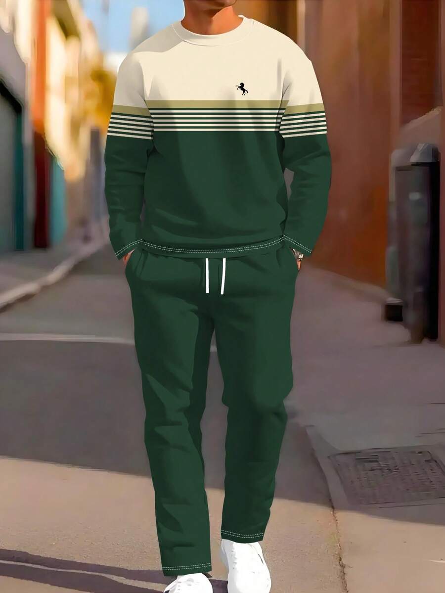 2 件男士纯色条纹印花运动服套装，时尚图案运动衫和裤子，适合户外运动，秋季服装 - 綠色 - 查看 1