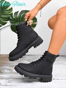 Women's Round Toe Lace-Up Side Zipper Black Combat Boots, New Autumn/Winter PU Leather Fashion Versatile Punk Boots, Multi-Functional Outdoor Non-Slip Boots