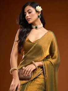 Estationeryhouse Designer Shiny Two Tone Soft Tissue Silk Saree With Antique Embroidered Border, Blouse Piece Included(Bronze) - 銅色 - 查看 5