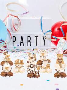 9件套 - 婴儿派对泰迪熊蜂窝中心装饰品，“Oh Baby”3D奶油色蜂窝中心装饰品，适合婴儿性别揭晓派对、婴儿生日派对礼品 - 彩色 - 查看 3