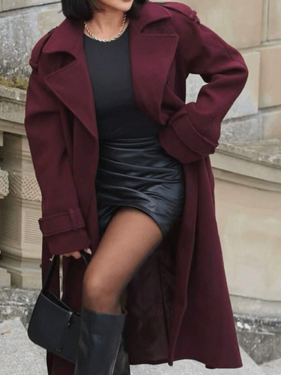 DEEKA Autumn/Winter New Women's Fashion Classic Double-Breasted Trench Coat, Burgundy Wool Coat - Burgundy - View 1