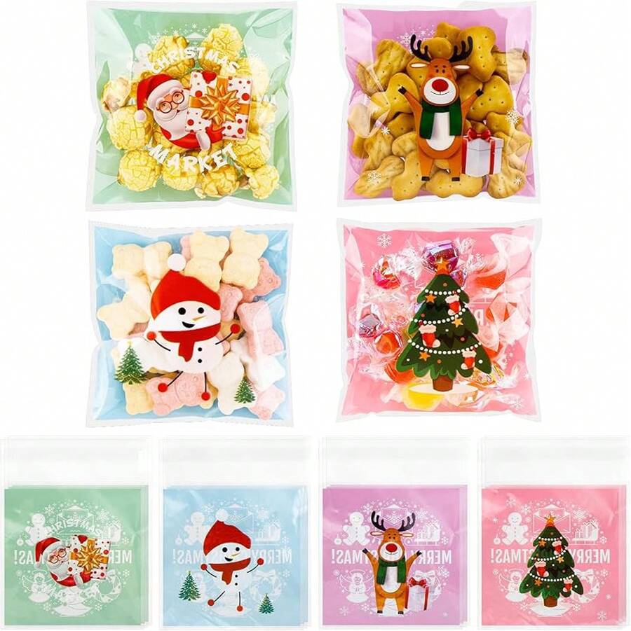 PCS Halloween Treat Ziplock Bags(4x4 Inch) Self-Sealing Candy Cookie Goodie Goody Small Wrap Bags Halloween Party Favors Supplies Decorations Spider Web Bat Pumpkin Pouches Table Decor - 100個聖誕袋 - 查看 1