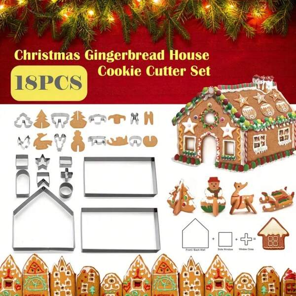 8/10/18 قطعة قوالب قطع بسكويت عيد الميلاد على شكل بيت زنجبيل من الفولاذ المقاوم للصدأ، قوالب قطع بسكويت ثلاثية الأبعاد على شكل بيت وشجرة عيد الميلاد، مناسبة لخبز وتزيين الكعك والحلوى والمعجنات في عيد الميلاد