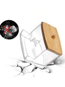 1pc Acrylic Qtip Holder With Bamboo Lid, Clear Small Swab Dispenser, Plastic Ear Stick Swabs Holder, Toothpick Storage Container, Bathroom Countertop Decorative Storage Organizer