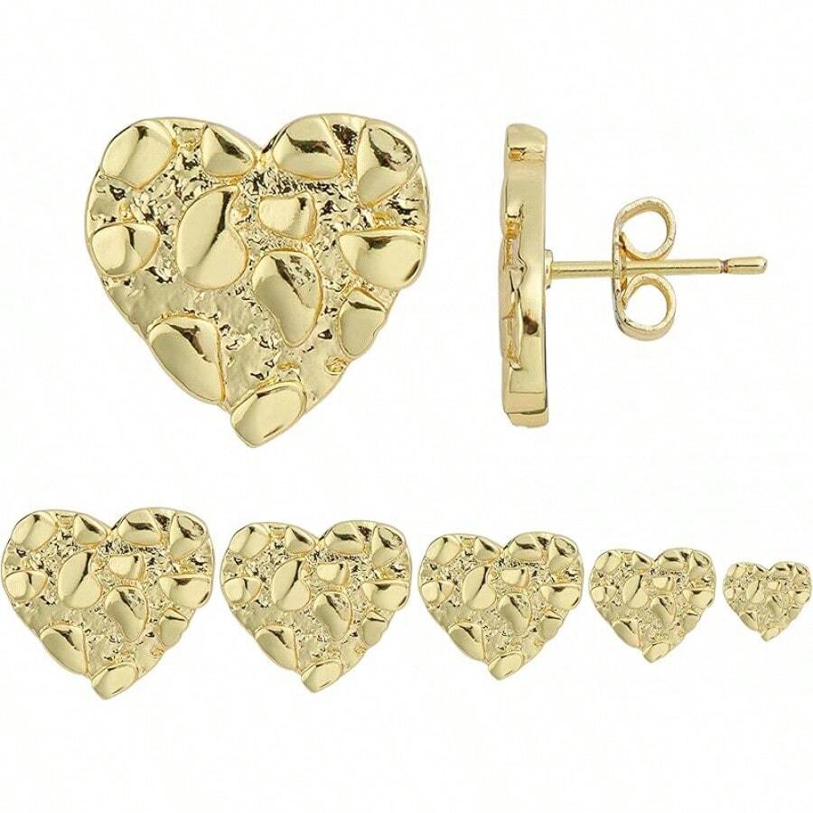 14k Gold Plated Rough Textured Cookie Heart Shape Nugget Stud Earrings Men/Women Unisex - M(10mm) - Xem 1