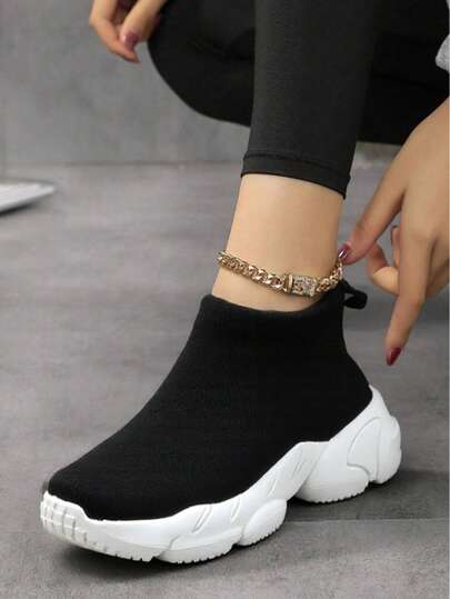 Women's All Black High-Top Cushioned Casual Sports Shoes, Knit Sock Shoes, Slip-On Dance Shoes