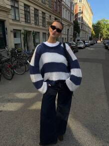 Vivid Style Women's Design Sense Slouchy Style Clashing Color Stripe Knit Sweater Thin Pullover Sweater,Autumn And Winter New,Streetwear,Airport Women, Christmas, Christmas Sweater, Attire,New Year - Navy Blue - View 3