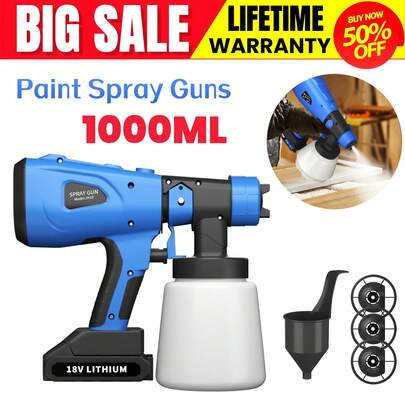 Cordless Paint Sprayer 1000ml Fence Paint Sprayer - Powerful Electric HVLP Spray Gun For Painting Ceiling, Fence, Walls - 3 Spray Patterns, Adjustable Valve Knob, 4 Copper Nozzles (1/1.5/1.8/2.5mm)