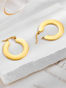 1对时尚简约高端别致几何光滑不锈钢金属金色圆环耳环，适合女性日常佩戴 - 耳環 - 查看 3