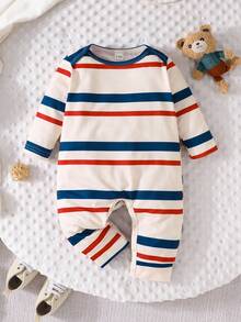 2件套男婴休闲舒适秋季新款条纹蓝红+小熊图案长袖连体衣两件套 - 米色 - 查看 4