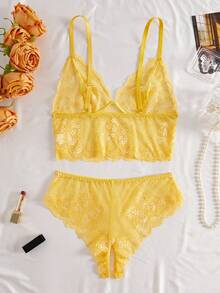 Women Sexy Butterfly Lace Lingerie Set Lace See-Through Top With Open-Crotch Underwear Adult Lingerie 2Pcs Set - Yellow - View 2