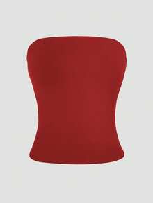 XLLAIS Sexy Strapless Cropped Tank Top, Fashionable Solid Color Elastic Fitted Yoga Tube Top, Double Layer, Suitable For New Year Party - Bright Red - View 6