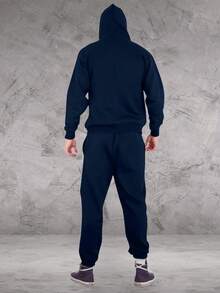 LoveMyFashions Men's 2pcs Set Tracksuit Full Sleeve Solid Color Drawstring Waist Zip Up Hoodie & Sweatpants Two Pieces Set With Pockets - Navy/Red - View 5