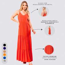Women's Long Viscose Dress With Adjustable Straps - Orange - View 6
