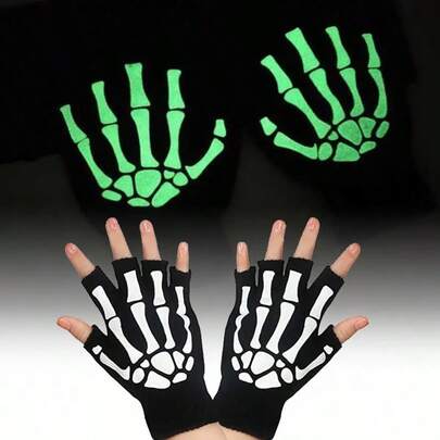 Halloween Skeleton Luminous Fingerless Knitted Gloves, Black Fluorescent Warm Gloves - Halloween Ghost Claw Half Knitted Skeleton Claw Gloves, Street Style, Avant Garde Fashion, Suitable For Stage Performances, Party Decoration Photography Props, Role Playing Props, Festival Party Supplies, Perfect Gifts For Family And Friends