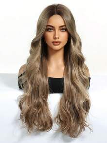 摩卡棕色 28 英寸长卷发合成假发，带刘海，女士耐热自然中分角色扮演派对洛丽塔婚礼假发，万圣节