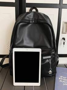 peach tree 1pc Minimalist Solid Color Backpack, Versatile Campus Style, Large Capacity Fits 12in Tablet, PU Laptop Backpack, Suitable For School, Travel, Black Color, Waterproof, Streamlined Design, Outdoor, Business, Fitness, Gift For Boyfriend, Dad Large Capacity Bag Office Bag Laptop Case - Black - View 7