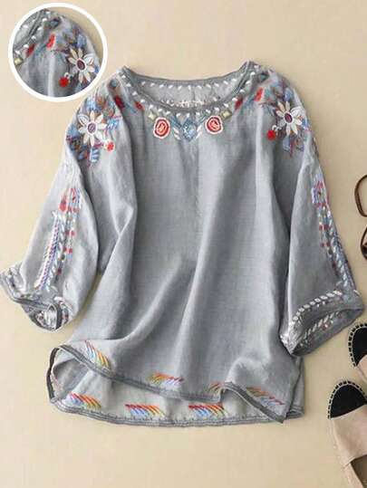 春夏刺绣 T 恤、宽松休闲轻便衬衫、流浪汉波西米亚花卉刺绣优雅衬衫、植物刺绣复古衬衫、假日短袖上衣