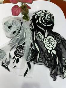 1pc Embroidered Jacquard Rose Patchwork Scarf/Shawl - Multicolor - View 2