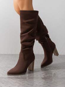 Botas altas para mujer de puntera puntiaguda, tacón grueso y bloque, de ante, con cremallera lateral, cómodas y de moda, estilo holgado, para otoño/invierno - Marrón Chocolate - Ver 2