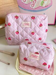 1 Piece/Set Children's Cute Pink Foam Quilted Cosmetics Bag Lovely Strawberry Pattern Makeup Bag Set Girly Toiletries Storage Bag With Zipper Pink Strip Print Make Up Bag Large Capacity Cosmetics Organizer Bag
