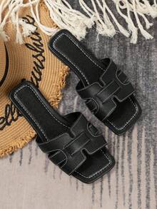 Women's Square Toe Flat Black Leather Sandals, Plus Size, Summer