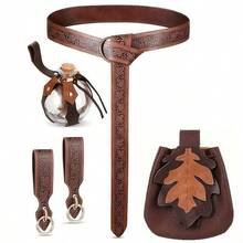5pcs Renaissance & Medieval Costume Accessory Set For Women - Embossed Belt, Leaf Pouch,  Potion Bottle, Skirt Hanger - Perfect For Halloween - A - Xem 5