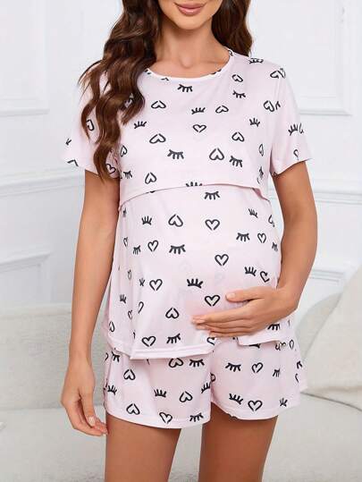 Conjunto de 2 piezas para mujer en lactancia que incluye top de cuello redondo y pijama informal y cómodo con estampado lindo para maternidad, primavera