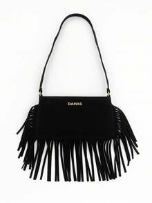 Bolsa Feminina Franja Camurça Estilo Boho Moderna com Alça de Ombro Estilo Festival e Street Style - Preto - Visão 1