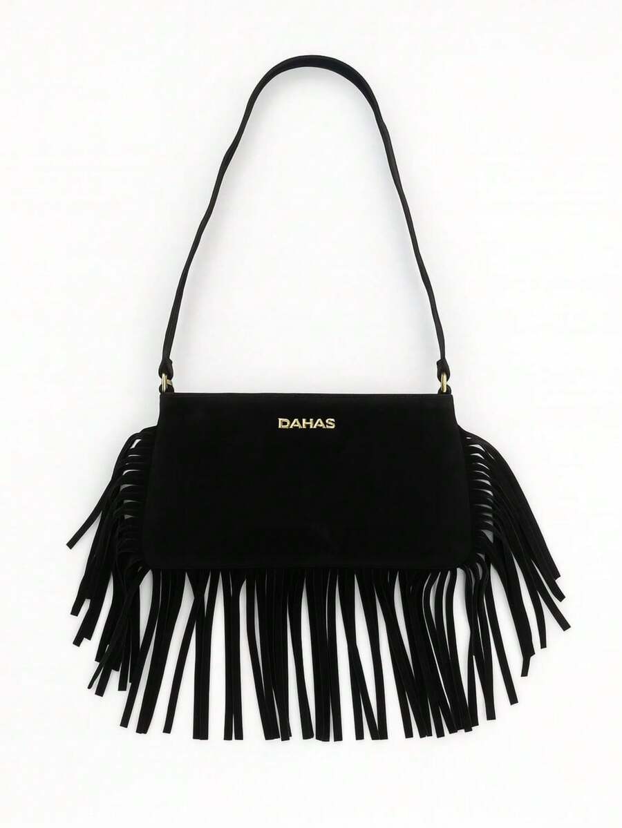 Bolsa Feminina Franja Camurça Estilo Boho Moderna com Alça de Ombro Estilo Festival e Street Style - Preto - Visão 1