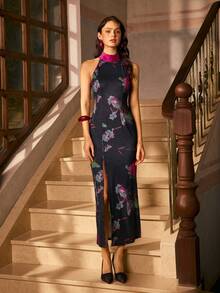 Faeriesty 精致女士新款中式旗袍，立领、无袖剪裁和侧开衩 - 非常适合精致的正式活动、优雅的婚礼、迷人的晚宴、高端派对、商务宴会和著名的颁奖典礼 - 黑色 - 查看 1