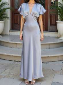 女式夏季时尚新款V领收腰修身仿丝缎波西米亚风度假连衣裙 - 藍色 - 查看 2